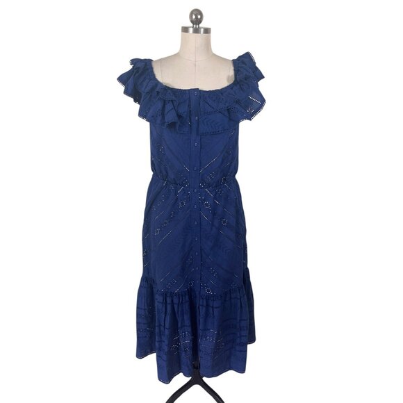 Boston Proper Dress Womens Medium Long Blue Eyelet Ruffle Cottage Peasant Boho - Picture 1 of 12